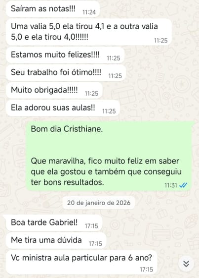 Depoimento de mãe no WhatsApp: notas altas e aluna adorou as aulas