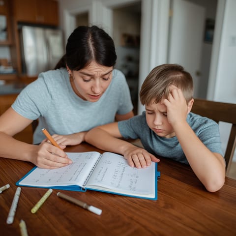 Mãe ajudando o filho com a tarefa de matemática